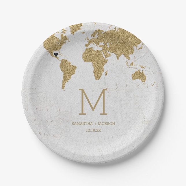 Gold Foil World Map Destination Wedding Monogram Paper Plates (Front)