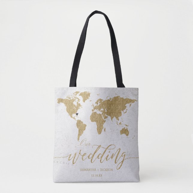 Gold Foil World Map Destination Wedding Monogram Tote Bag (Front)