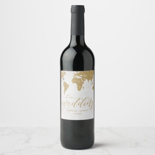 Gold Foil World Map Destination Wedding Monogram Wine Label