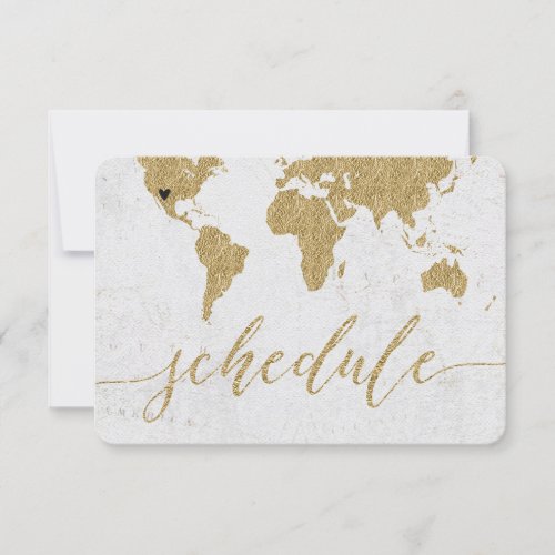 Gold Foil World Map Destination Wedding Schedule Invitation