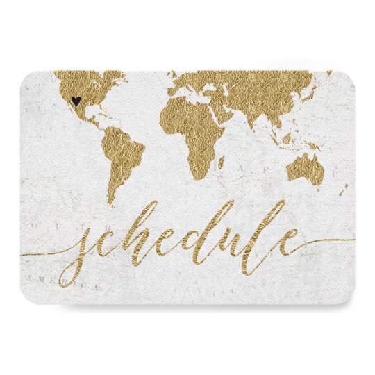 Gold Foil World Map Destination Wedding Schedule Invitation