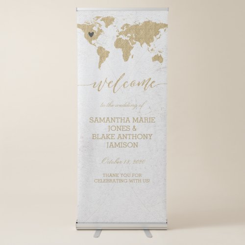 Gold Foil World Map Destination Wedding Welcome Retractable Banner