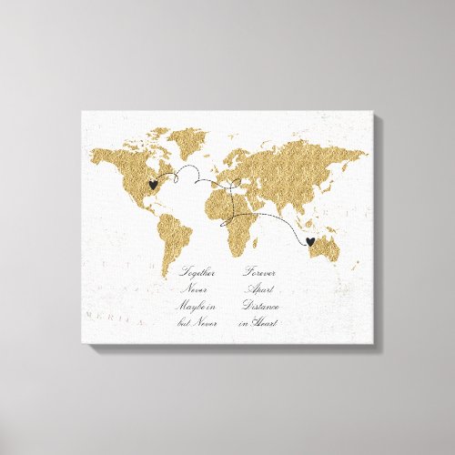 Gold Foil World Map Long Distance Relationship Canvas Print