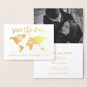 Gold foil world map save the date card