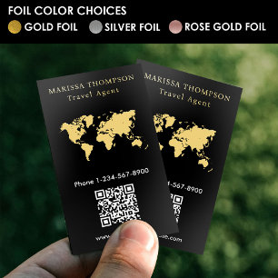 Gold Foil World Map Travel Agency QR Code Black Business Cards