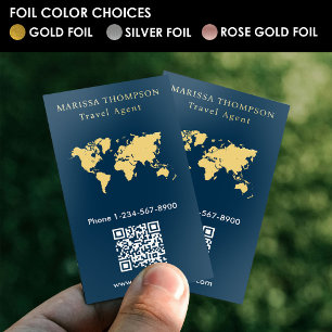 Gold Foil World Map Travel Agency QR Code Blue Business Cards