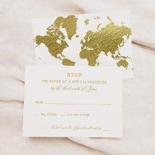 Gold Foil World Map Travel Wedding RSVP Card