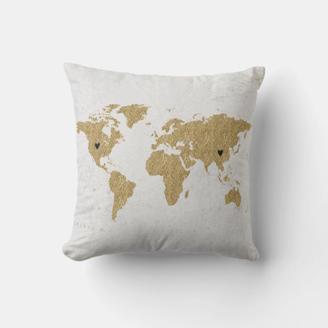 Gold Foil World Map with 2 Moveable Hearts Throw Pillow (Front)
