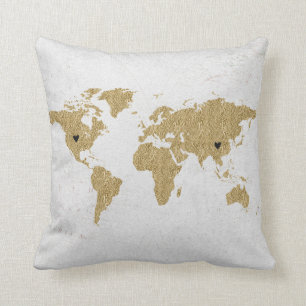 Gold Foil World Map with 2 Moveable Hearts Throw Pillow