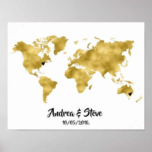 Gold Foil World Map with hearts couples Poster
