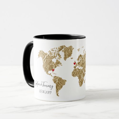 Gold Foil World Map with removable hearts couples Mug
