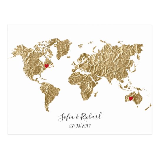 Gold Foil World Map With Removable Hearts Couples Postcard