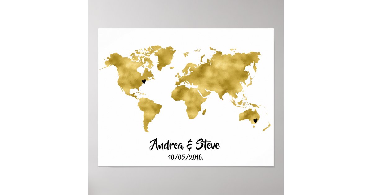 gold foil world map with removable hearts couples poster zazzle com