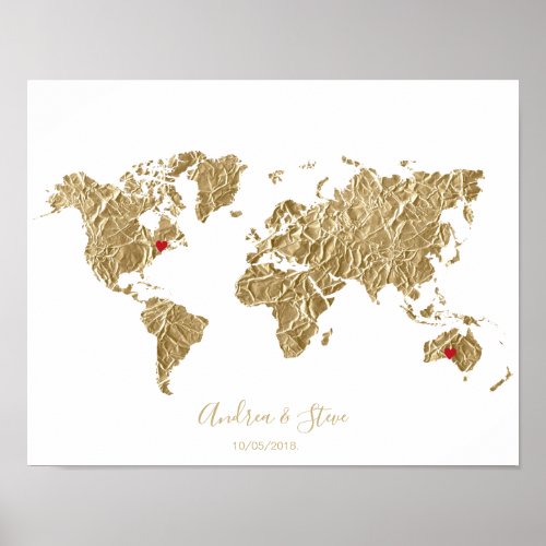 Gold Foil World Map with removable hearts couples Poster