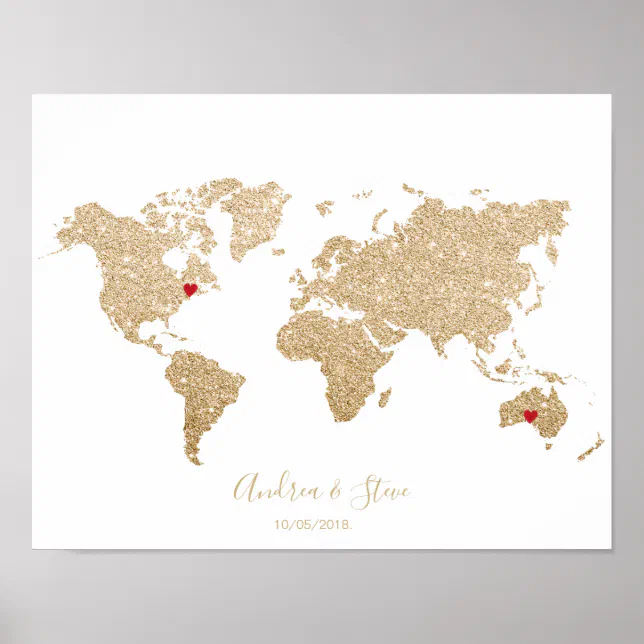 Gold Foil World Map With Removable Hearts Couples Poster | Zazzle