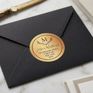 Gold Foil & Wreath Custom Monogram Return Address Classic Round Sticker