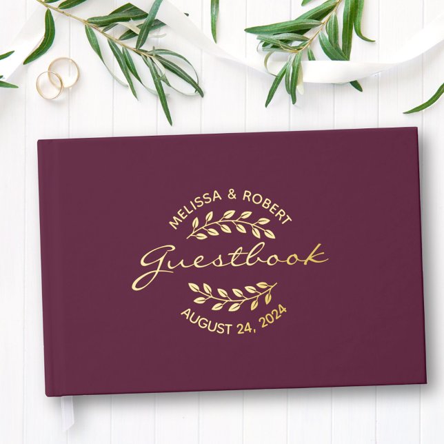 Gold Foil Wreath on Burgundy Wedding Foil Guest Book (Creator Uploaded)