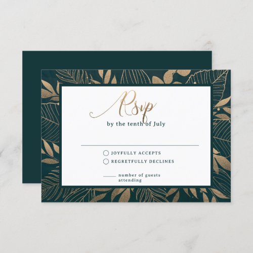 Gold Foliage Border Forest Green RSVP card