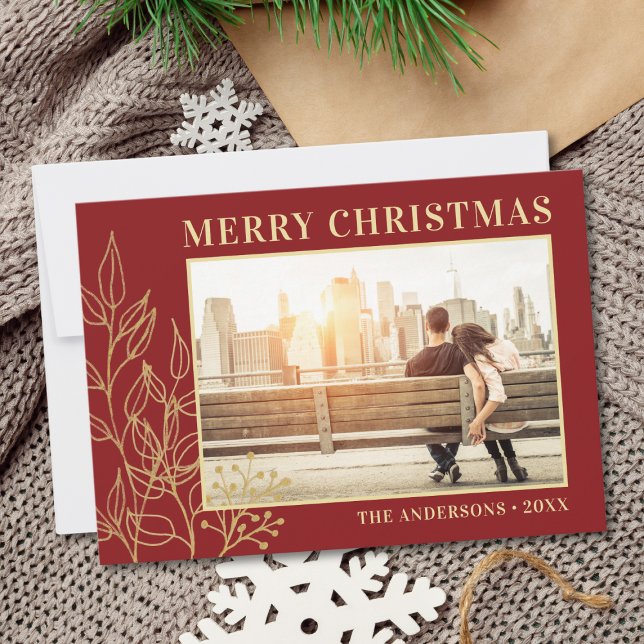Gold Foliage Burgundy Photo Merry Christmas Holiday Card (Creator Uploaded)