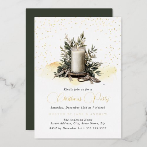 Gold Foliage Candle Light Christmas  Foil Invitation