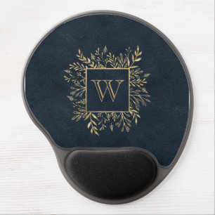 Gold Foliage Dark Blue Monogram Gel Mouse Pad