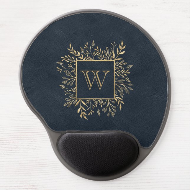 Gold Foliage Dark Blue Monogram Gel Mouse Pad (Front)