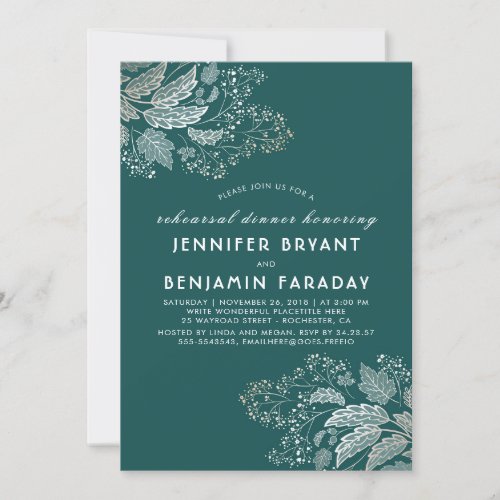 Gold Foliage Emerald Leaves Rehearsal Dinner Invitation - Elegant teal rehearsal dinner invitations with the gold effect baby's breath flowers and leaves decor