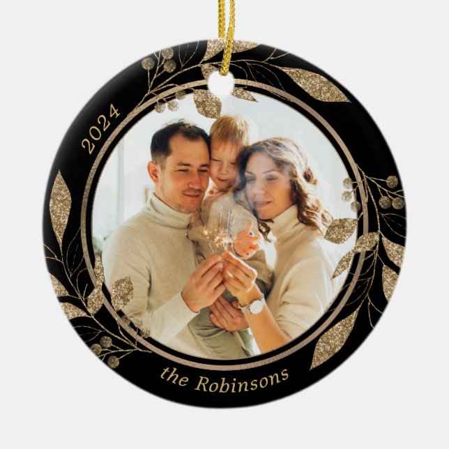 Gold Foliage Family Photo Black Christmas  Ceramic Ornament (Front)
