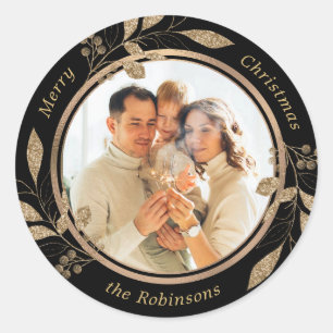 Gold Foliage Family Photo Black Christmas Classic Round Sticker
