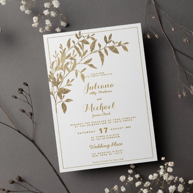 Gold foliage floral traditional white Wedding Invitation (Gold foliage floral traditional white Wedding)