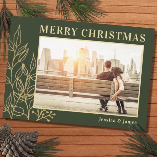Gold Foliage Green Photo Merry Christmas Holiday Card