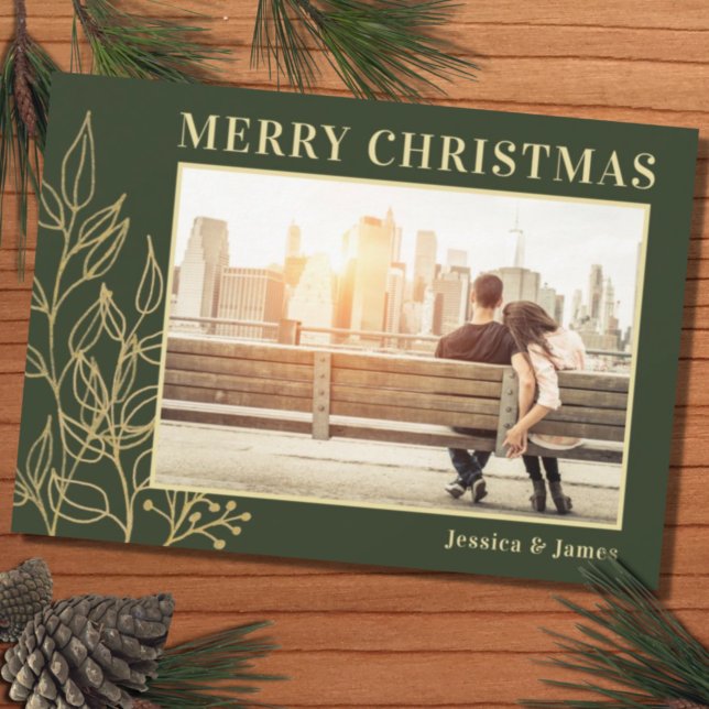 Gold Foliage Green Photo Merry Christmas Holiday Card (Creator Uploaded)