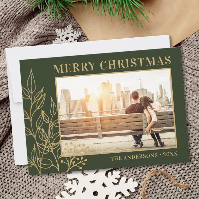 Gold Foliage Green Photo Merry Christmas Holiday Card (Creator Uploaded)
