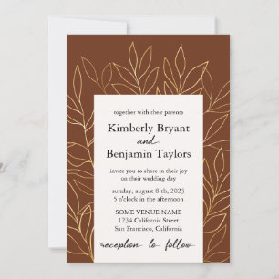 Gold Foliage. Rust brown modern Luxury Wedding Invitation