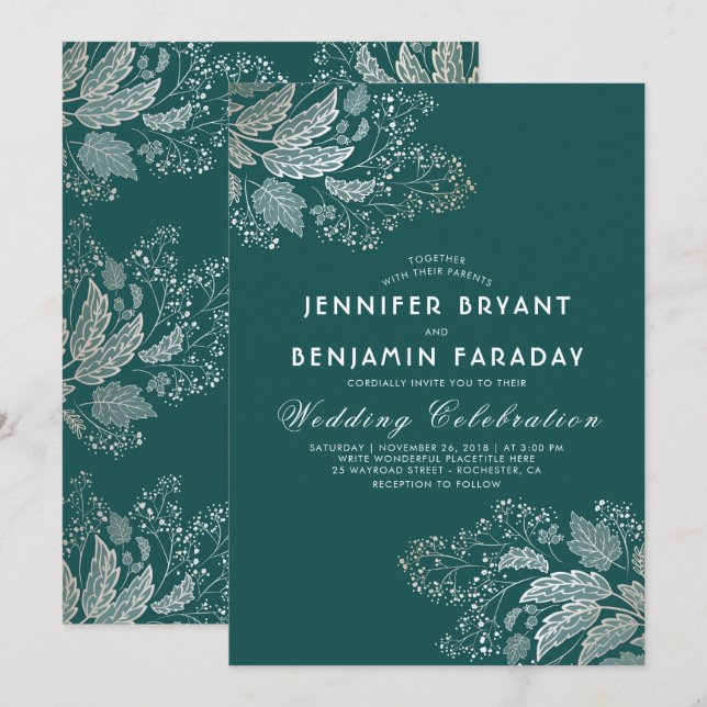 Gold Foliage Teal Green Elegant Modern Wedding Invitation (Front/Back)
