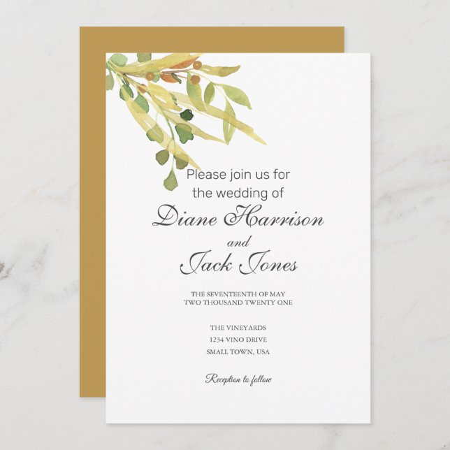 Gold Foliage Wedding Invitation (Front/Back)