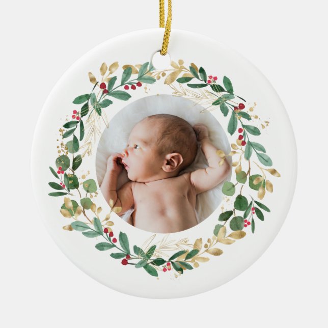 Gold Foliage Wreath | Baby First Christmas Blue Ceramic Ornament (Front)