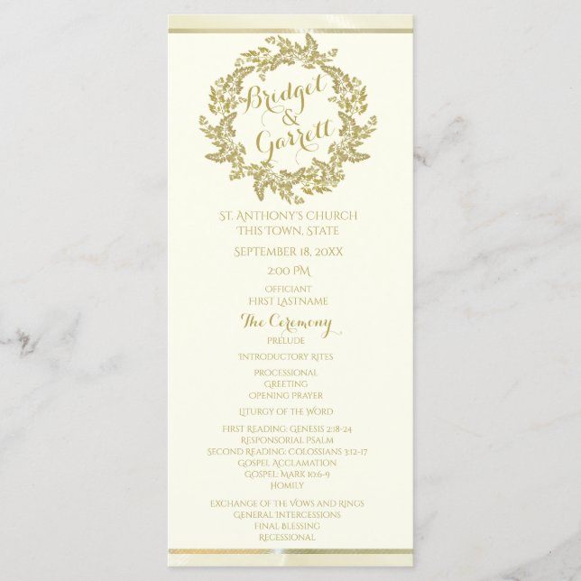 Gold Foliage Wreath Wedding Program (Front)