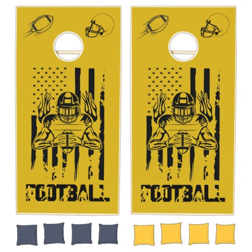 Gold Football Black Typography American Flag Cornhole Set