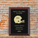 Gold Football Helmet Template MVP Award Plaque<br><div class="desc">This football Most Valuable Player award plaque features a gold helmet with a custom number in black on it. Above and below the helmet image are text fields for you to customize,  also in gold. Everything is placed on a dramatic black background.</div>