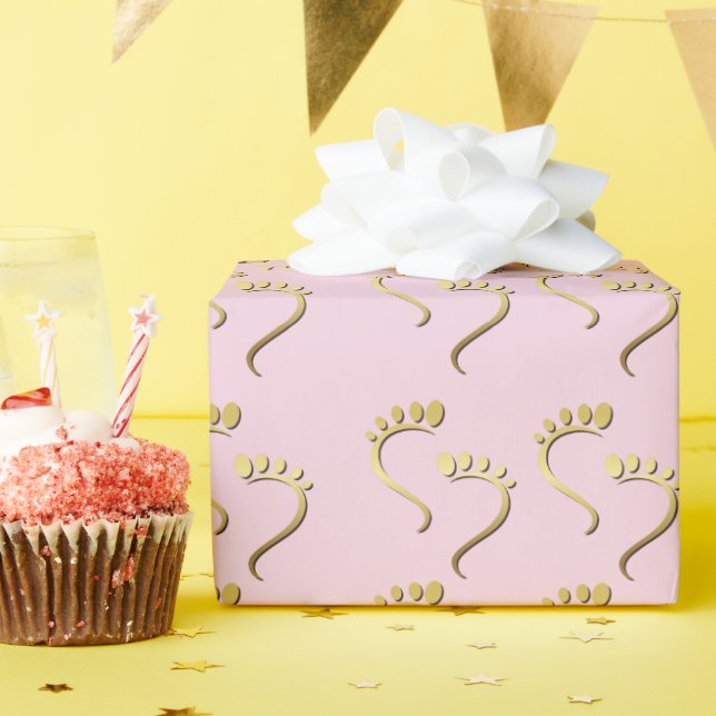 Gold Footprints Pink New Baby Girl Wrapping Paper (Birthday Party)