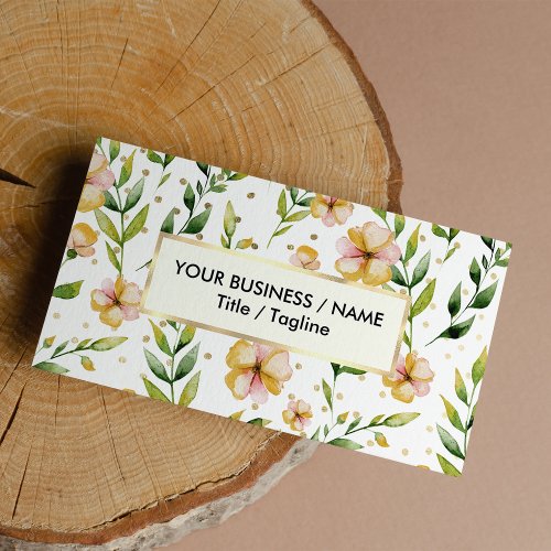 Gold forest green mustard yellow floral polka dots business card