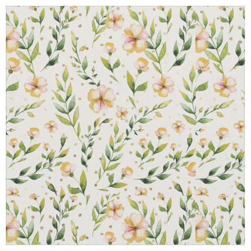 Gold forest green mustard yellow floral polka dots fabric