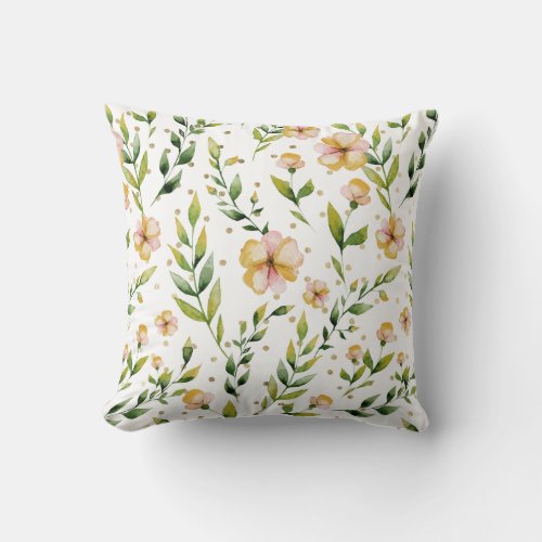 Gold forest green mustard yellow floral polka dots throw pillow
