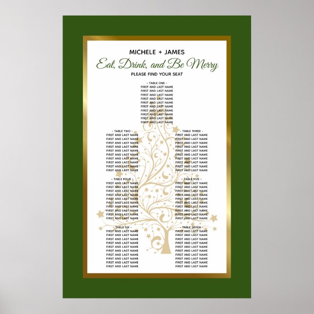Gold Forest Green Winter Wedding Seating Chart (Front)
