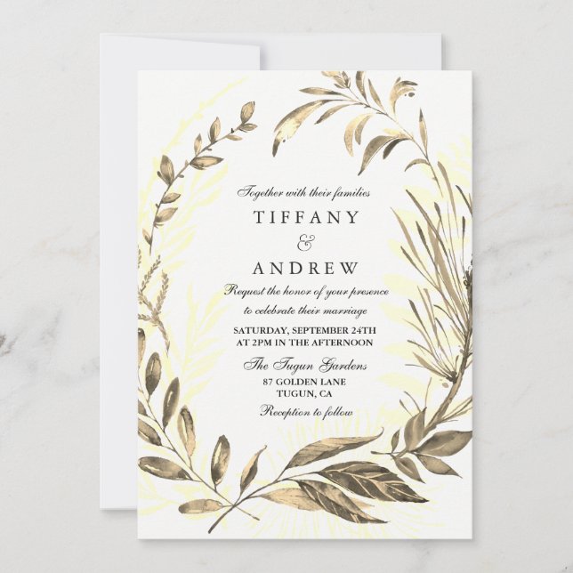 Gold Forest Leaf Wreath Elegant Wedding Invitation (Front)