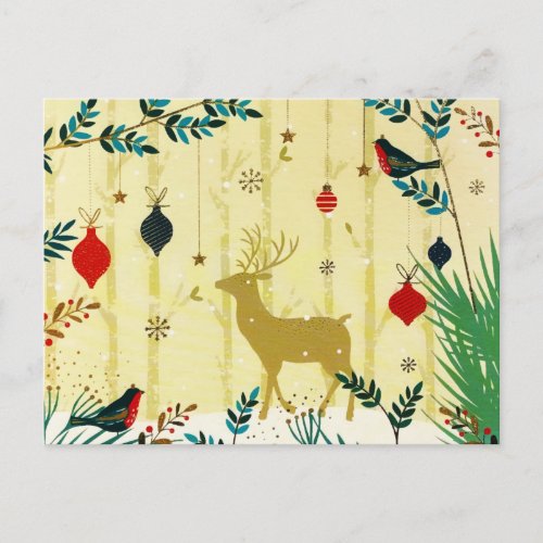 Gold Forest Winter Reindeer Birds Holiday Postcard