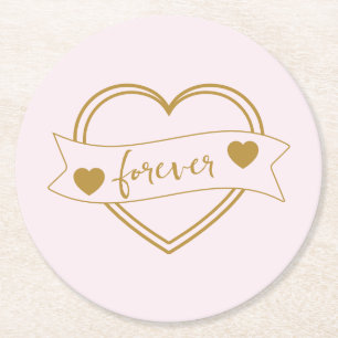 Gold Forever Hearts Bridal Shower Round Paper Coaster