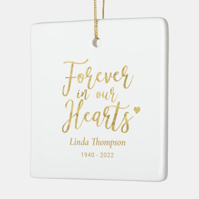 Gold Forever in our Hearts Memorial Photo Ceramic Ornament (Left)