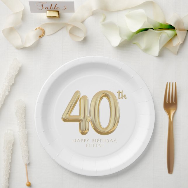 Gold Forty 40th Birthday Balloon Party Paper Plates (Wedding)